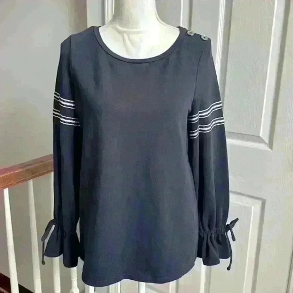 Crown & Ivy Navy Long Sleeve Bell Cuff w/ White Stripes Pullover Women Sz Small - Picture 1 of 10